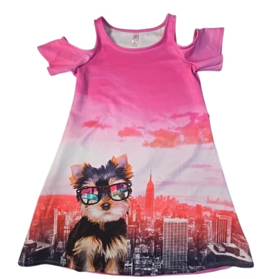 Vestido Justice Girls Puppy Dog in the City Rosa XL 14/16 Hombro Frío Línea A Foto 1 de 4