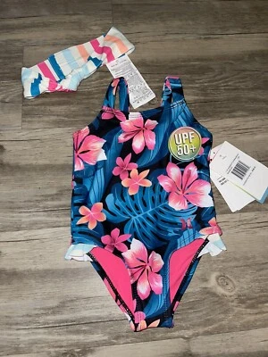 Nuevo con etiquetas Conjunto de traje de baño y diadema Hurley de una pieza para bebés niñas 12 meses rosa tropical Foto 1 de 4