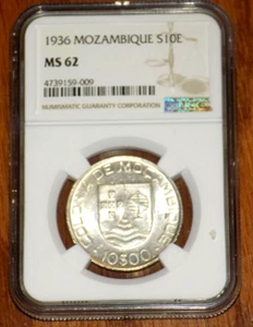 1936 Mozambique 10 Escudos KM# 67 NGC MS 62 PORTUGAL COLONIAL UNC MS62 COIN - Picture 1 of 5