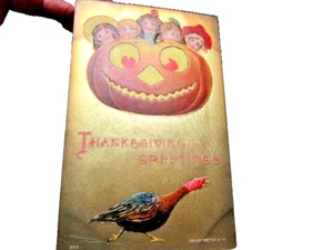 Antigua postal de Acción de Gracias de 1908 calabaza niños pavo lámina de oro en relieve - Imagen 1 de 8