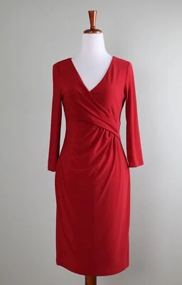 LAUREN RALPH LAUREN $129 Solid Red Slinky Stretch Pleated Dress Size 4 Petite - Image 1 of 4