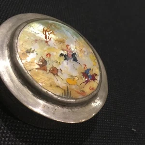 C 19thPersian white metal Pill Box W/mirror h/painted hunting sceneonM.of Pearl - Picture 1 of 10