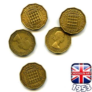 Set of (x5) BRITISH 1953 ELIZABETH II THREEPENCE coins, 72 Years Old! - Picture 1 of 1