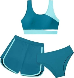 NWOT Girls Swimsuit Bikini Set, 3 Piece Girl Bathing Suits & Shorts SZ 9/10Y - Picture 1 of 8