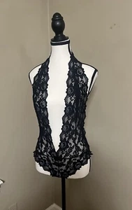 Adore Me Bodysuit Sz M Kaye Lace Floral Sheer Halter Special Event Feminine - Picture 1 of 3