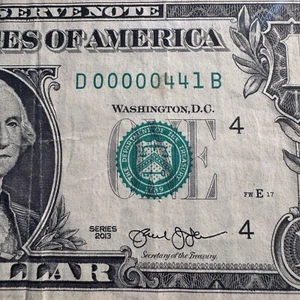 2013 $1 LOW 3 Digit Serial Number Federal Reserve Bank Note Bill D 00000441 B - Picture 1 of 4