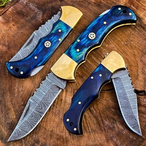 Handmade Damascus Steel HORN HANDLE BLADE POCKET KNIFE  Blue Pakka Wood - Picture 1 of 8