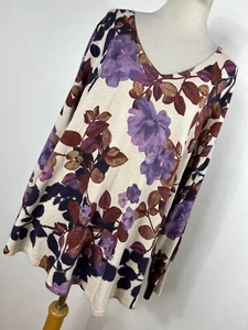 Chico's 3 Size XL Sweater Tan Purple Black Floral V Neck Lightweight Stretch V4 - Picture 1 of 6