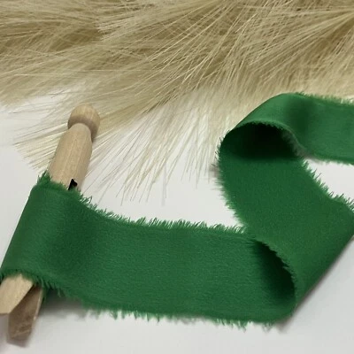 Emerald Green Silk Ribbon 4cm Wide Hand Dyed With Frayed Edges, for Wedding's - Image 1 of 4