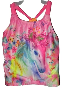 WONDER NATION Tankini Swim Top Girls L (10-12) Pink Multi Unicorn & Butterflies - Picture 1 of 2