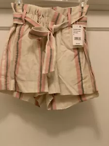 Indigo Rein Beige & Pink Striped Linen Blend High Waist Tie Shorts Size S NWT - Picture 1 of 6
