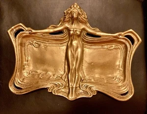 Antique ART NOUVEAU Tray by RENAUD Shapely YOUNG LADY Coin yellow bronze French - Picture 1 of 17