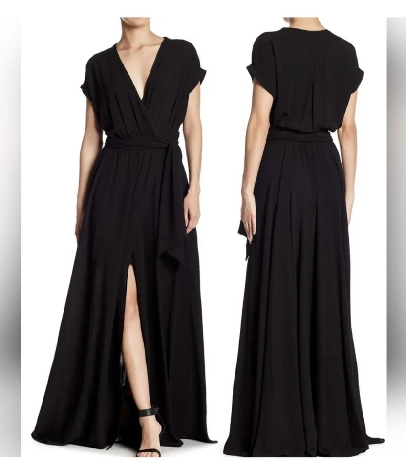 Меган LOS ANGELES черный искусственного надежном подпоясанный погружения v-образным вырезом разрез макси платье средний - Изображение 1 из 4