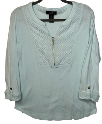 Grace The Perfect Fit Blouse Sz L Blue Cotton 1/4 Zip Faux Roll Tab Sleeve Top - Image 1 of 4