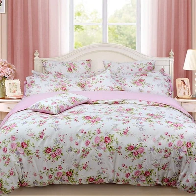 Shabby Rose Floral Duvet Cover Pink Plaid Girls Bedding Set 100% Cotton Ultra... - Image 1 of 4
