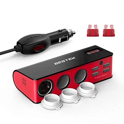 BESTEK 3-Socket 200W 12V/24V DC Cigarette Lighter Power Adapter with 6A 4-Port - Image 1 of 4