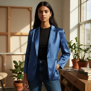 Maggie Sweet Womens Petite Medium Blue 2 Button Front Blazer Jacket Coat Size PM - Picture 1 of 9