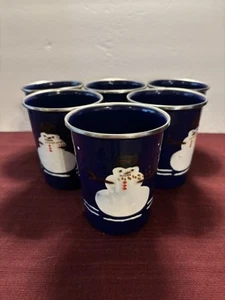 Golden Rabbit Winter Christmas Snowman Enamel Cups Set Of 6 4 1/2 Tall - Picture 1 of 8