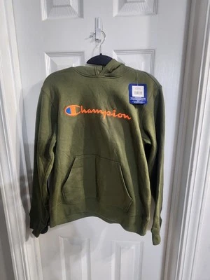 Champion Boys NUEVO CON ETIQUETAS Talla GRANDE SUDADERA CON CAPUCHA, Verde Oliva W Naranja Champion, Gris por dentro  Foto 1 de 4