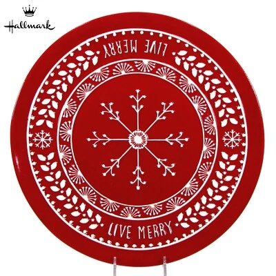 Hallmark LIVE MERRY 13.5" Round Platter Red White Embossed Snowflakes - Image 1 of 4