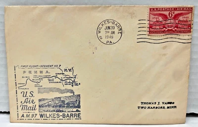 US Air Mail Cover FDC First Flight AM 97 Wilkes-Barre, PA (June 20 1949) - Image 1 of 2
