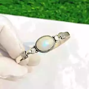 925 Sterling Silver Natural Rainbow Moonstone Gemstone Jewelry Cuff Bracelet - Picture 1 of 5