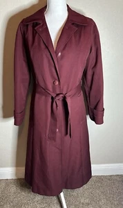 Sears Vtg Maroon Button Front Long Coat Belted Removable Faux Fur Lining Sz 10 - Picture 1 of 7
