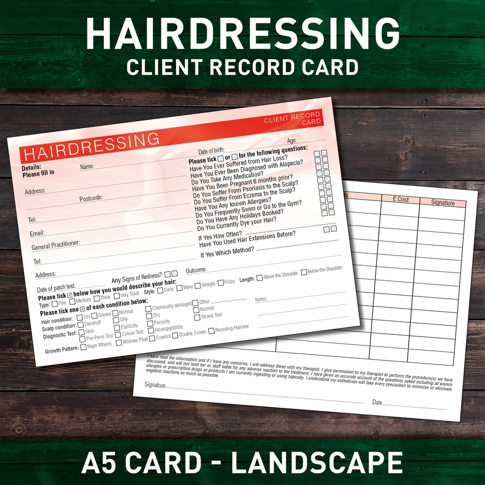 Hairdressing Client Record Card Hair Consultation Treatment Therapists A5 x50