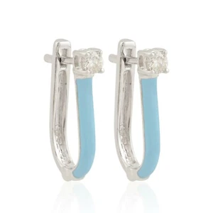 Womens 0.16Ct SI/H Diamond Huggie Hoops Earrings Blue Enamel 10K White Gold Gift - Picture 1 of 7