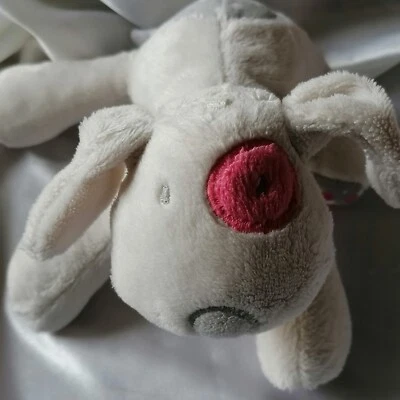 Doudou chien blanc, coquard rose, tâche grise, Obaïbi - Photo 1/3