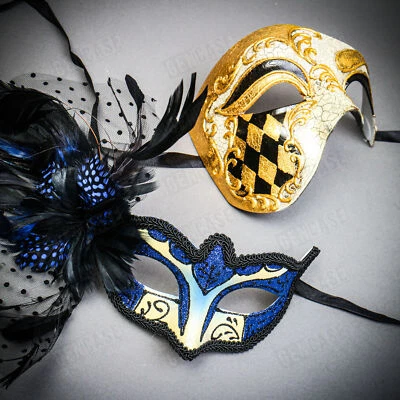 Venetian Phantom Half Face & BLUE Glitter Peacock Black Feather Eye Couple Mask - Image 1 of 4