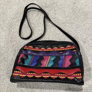 Vintage 80'S Bright Appliqué Purse Multi-color Patterned Vinyl Cross Body Bag - Picture 1 of 8