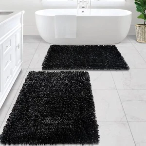 Black Bathroom Rugs Sets 2 Piece Soft Chenille Bath Mats for Bathroom Absorbe... - Picture 1 of 6