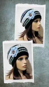 crochet handmade womans flower hat beanie mantra blue ombre puffs USA seller new - Picture 1 of 3