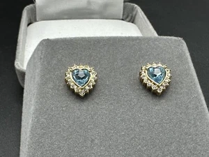 Vintage Blue Aquamarine? Glass? Clear Rhinestone Heart Stud Earrings New In Box - Picture 1 of 19