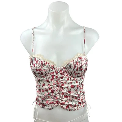 For Love & Lemons Red Satin Silk Lace Floral Ruched Cami Crop Tank Top Size XS - Image 1 of 4