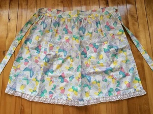 Vintage Handmade Kitchen Apron Butterflies Pastel Lace Trim Pockets Half Easter - Picture 1 of 4