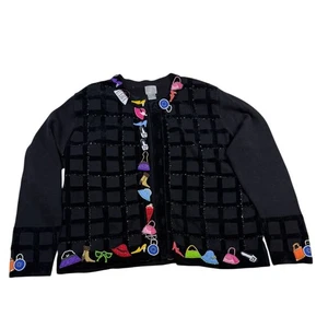Cárdigan Berek Negro Suéter Adornado Bolsos Zapatos Cuentas Patrón Rejilla XL - Imagen 1 de 7