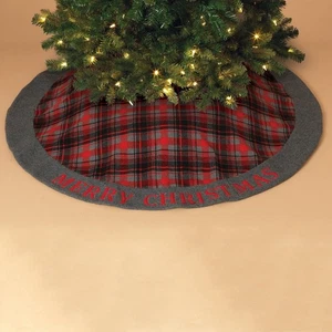Applique and Embroidered Plaid Christmas Tree Skirt with Fleece Border 48 Inch - Picture 1 of 2