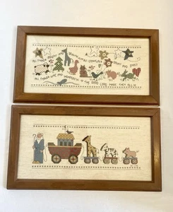 Vtg Framed Crosstitch Set Noah Animals Hymn Country Cottagecore Nursery 18x10 - Picture 1 of 21