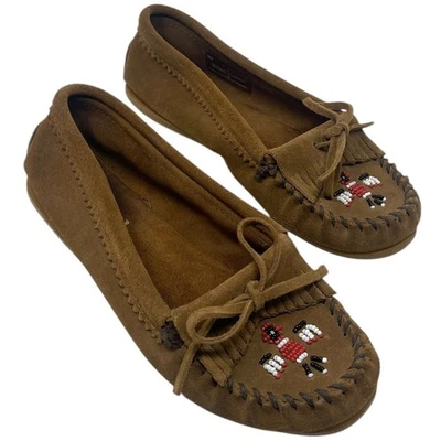 Minnetonka Mujer 8 Thunderbird Gamuza Cuero Mocasines Cuentas Flecos Tostado Kiltie Foto 1 de 4