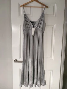 ZARA Silver Grey Satin Effect Pleated Maxi Dress Size L - Picture 1 of 10