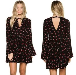 Free People Size 6 Tegan Mini Swing Dress Black Floral Red Cut Out Bell Sleeve - Picture 1 of 6