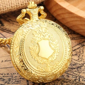 Steampunk Shield Design Quartz Pocket Watch Necklace Pendant Chain for Women Men - Picture 1 of 15