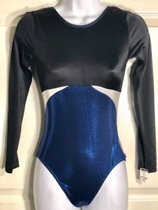 GK LgSLV LADIES SMALL BLACK N/S ROYAL WHITE SHIMMER GYMNASTIC DANCE LEOTARD AS - Picture 1 of 7