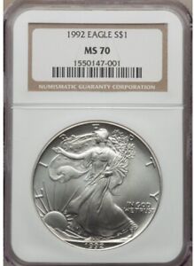 1992 $1 Silver Eagle NGC MS70 Brown Label, from Siegel Collection, High Luster