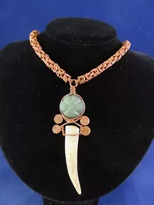 Necklace of Copper Chain w Green Stone (Jade) & White Carved Antler Tip (1121) - Picture 1 of 11