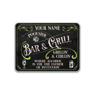 Letrero de bar y parrilla junto a la piscina Alcohol is the Father of Invention negro verde Foto 1 de 4