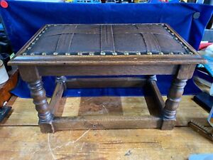 Arts and Crafts Oak & Leather Strapped Studded Stool - Genuine Antique Piece