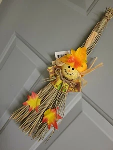 Small Fall Straw Broom Hanging Happy Scarecrow. - Picture 1 of 6